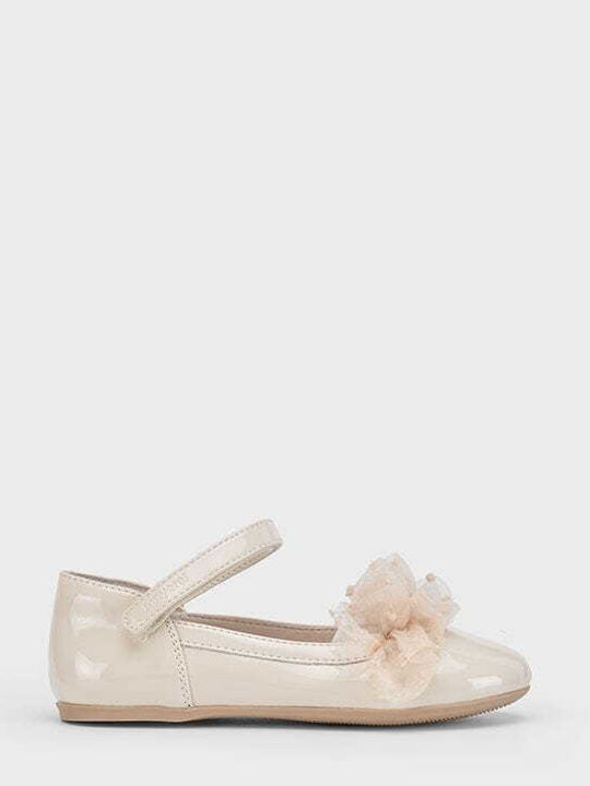 Kids Patent Leather Ballerinas with Hoop & Loop Closure Beige