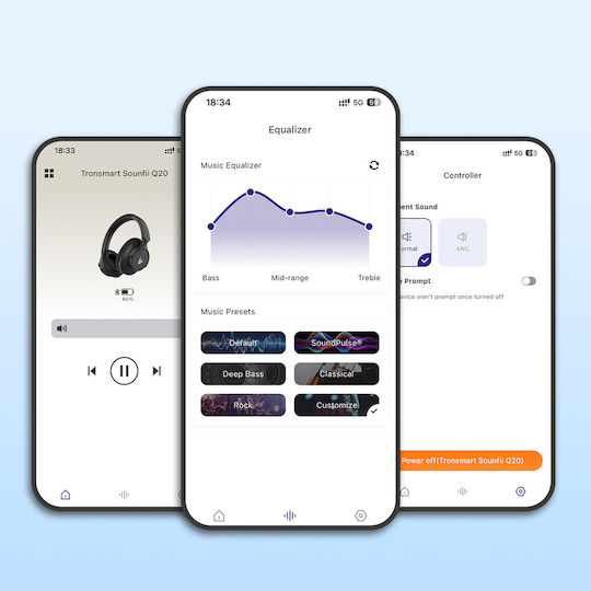 Tronsmart Sounfii Q20 Ασύρματα / Ενσύρματα Over Ear Ακουστικά με 60 ώρες Λειτουργίας Λευκά