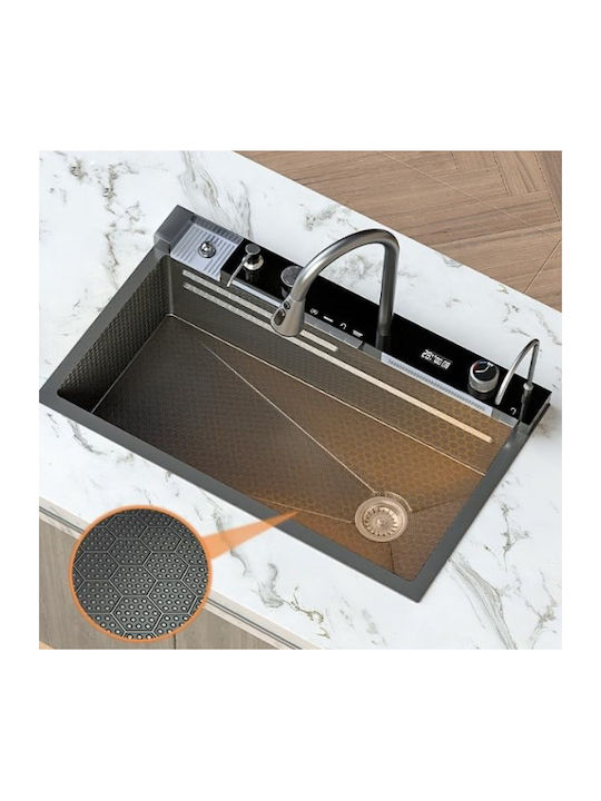 Plantex Smart Dual Waterfall Kitchen Sink 304 Grade Stainless Steel Sink Digital Display Led Panel Integrated Waterfalls & Pull Down Faucet Multifunctional Sink 30x18 Inches Nano Black