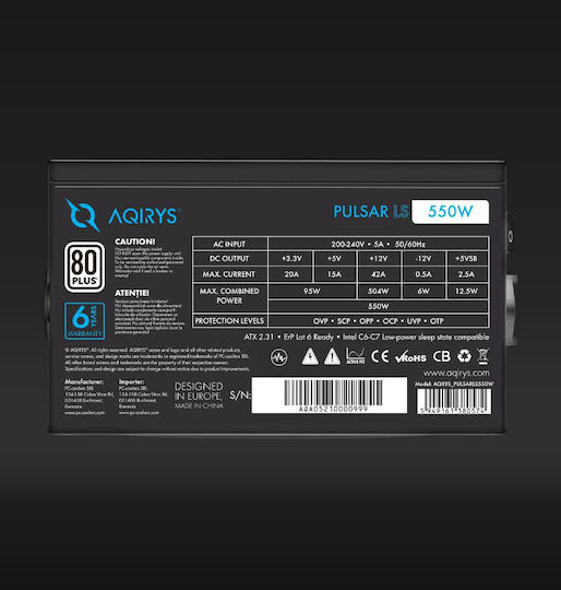 Aqirys Pulsar LS 550W Μαύρο Τροφοδοτικό Υπολογιστή Full Wired