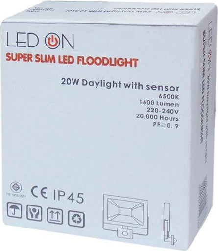 Led On Στεγανός Προβολέας LED 20W Ψυχρό Λευκό 6500K με Αισθητήρα Κίνησης IP45