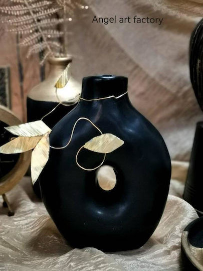 Vază ceramică de lux cu frunze metalice negre