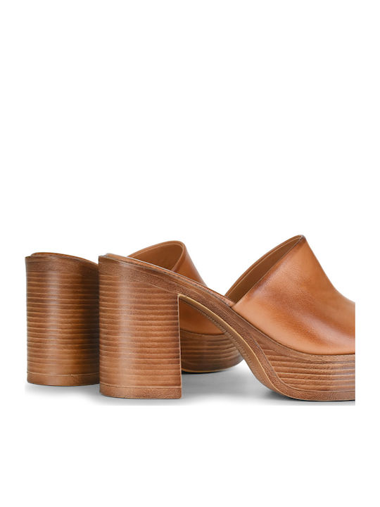 Leder Mules mit Chunky Hoch Absatz in Tabac Braun Farbe