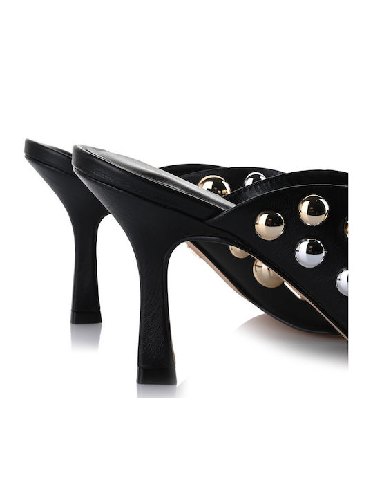 Leather Mules with Thin High Heel in Black Color