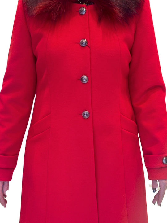 Damen Red Mantel mit Fellbesatz