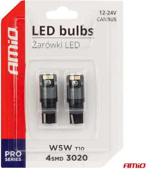 AMiO Λάμπες Αυτοκινήτου T10 / W5W Canbus LED 6000K Ψυχρό Λευκό 12-24V 2τμχ