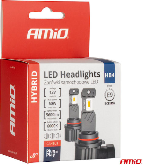 AMiO Lampen Auto Hybrid HB4-9006 Canbus LED 6000K Kaltes Weiß 12V 60W 2Stück