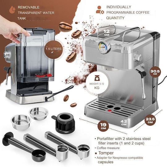 Profi Cook Mașină de Espresso 1100W Presiune 20bar pentru Cappuccino Gri