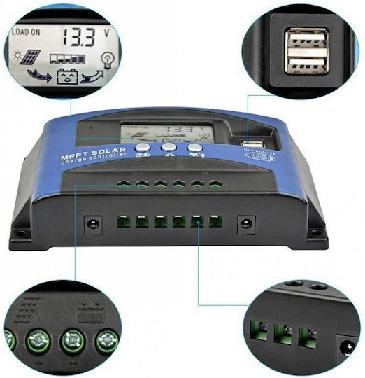 40A MPPT Solarladeregler Dual LCD Display USB 12V 24V Lithiumbatterie Blau