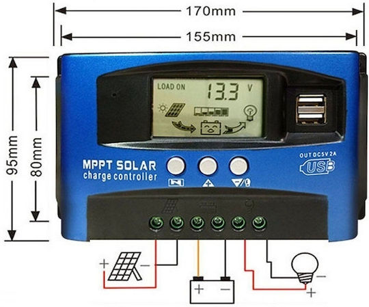 40A MPPT Solarladeregler Dual LCD Display USB 12V 24V Lithiumbatterie Blau