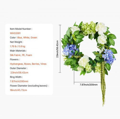 Vevor Künstlicher Dekokranz 23 Zoll Blau Weiß Grün Hortensien Rosen Zshhxqhtmlbl4g2okv0