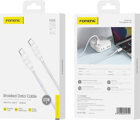 Foneng USB 2.0 Cable USB-C male - USB-C 60W PD Λευκό 1.2m