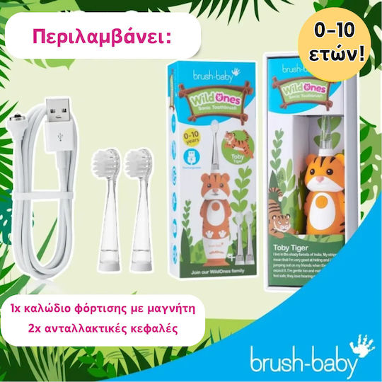 Brush Baby Wildones Children's Electric Toothbrush with Chronograph for 0m+ Tiger with Replacement Heads
