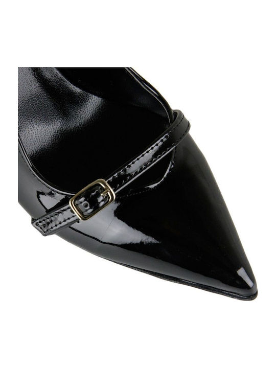 Patent Leather Pointed Toe Black Heels with Strap