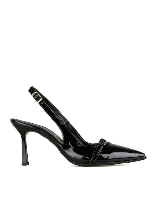 Patent Leather Pointed Toe Black Heels with Strap
