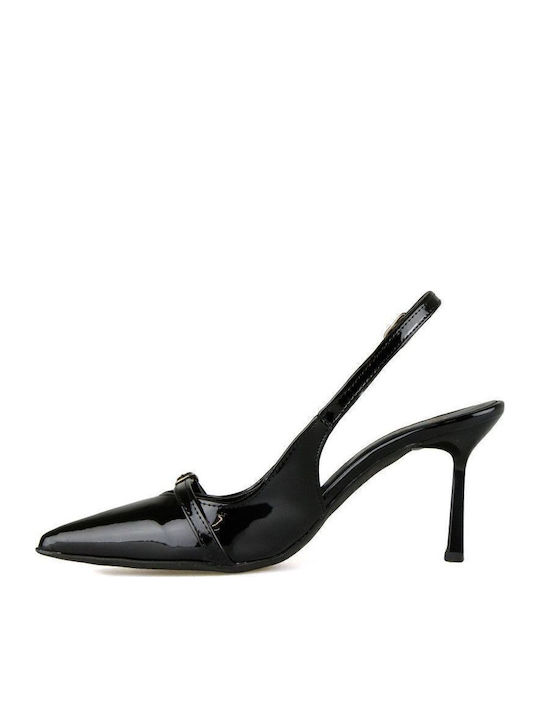 Patent Leather Pointed Toe Black Heels with Strap