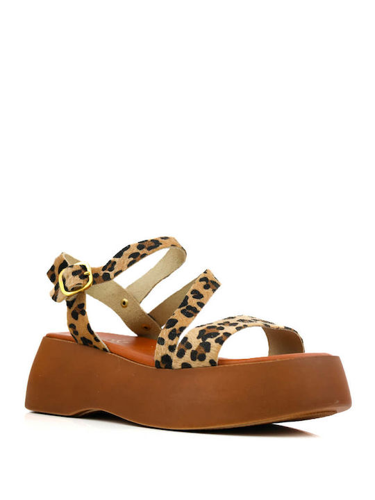 Leopard Flatforms Leather Straps Anatomical Insole