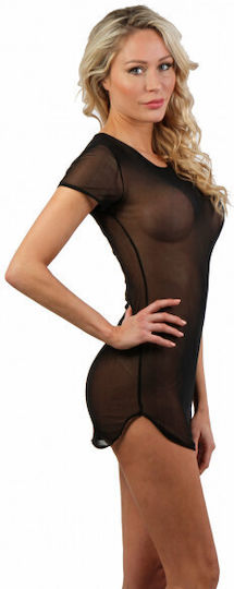 Schwarzes Kurzarmkleid aus feinem Netz 1
