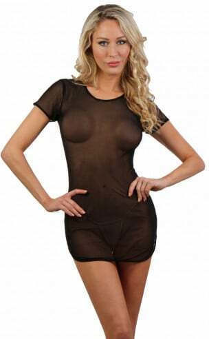 Schwarzes Kurzarmkleid aus feinem Netz 1