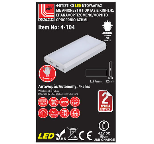 Adeleq Rechargeable LED Light for Cabinets with Battery Powered and Motion Sensor 1pcs