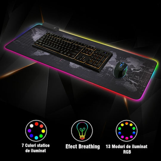 Mousepad Gaming din Cauciuc Piramidă cu LED RGB, Anti-alunecare, Rezistent la Apă, Hartă Mondială, Cablu USB Inclus, 80 x 30cm