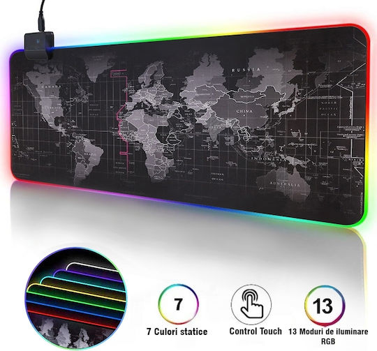 Mousepad Gaming din Cauciuc Piramidă cu LED RGB, Anti-alunecare, Rezistent la Apă, Hartă Mondială, Cablu USB Inclus, 80 x 30cm