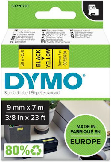 Dymo Standard Label Maker Tape 40918 9mm x 7m Black Text on Yellow Background S0720730 Dymo40918