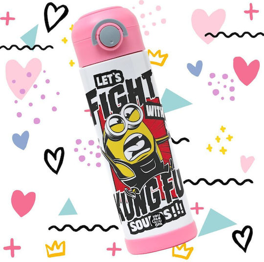 Koupakoupa Minions Let's Fight With Kung Fu Sounds Kids Water Bottle Minions Stainless Steel with Straw Pink 500ml