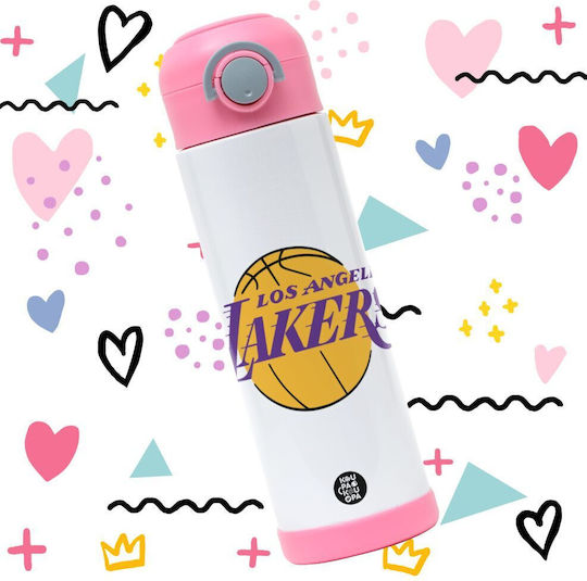 Koupakoupa Sticlă Pentru Copii NBA Din Oțel Inoxidabil Cu Pai Roz 500ml