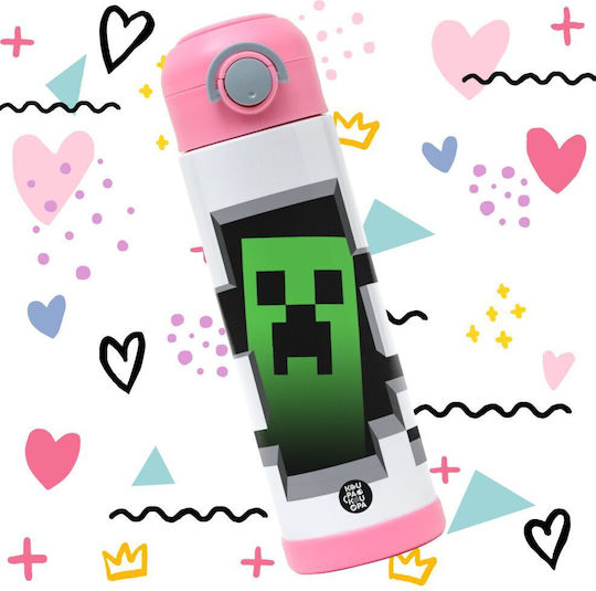 Koupakoupa Minecraft Creeper Παιδικό Παγούρι Minecraft Ανοξείδωτο με Καλαμάκι Ροζ 500ml