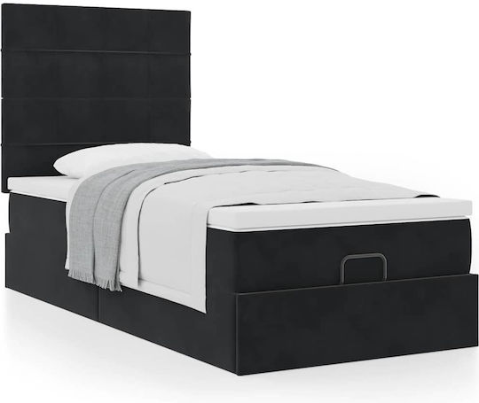 Κρεβάτι King Size Επενδυμένο με Ύφασμα Μαύρο με Τάβλες & Στρώμα 190x190cm 3313441
