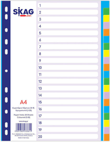 Despărțitoare pentru subiecte Skag A4 Index din hârtie colorată 20 de culori