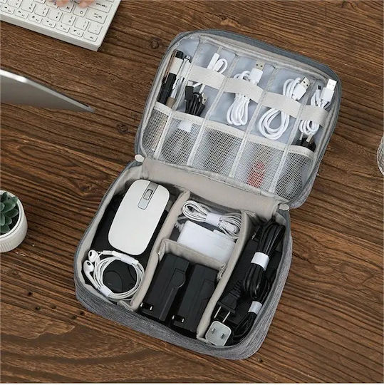Geantă textilă pentru depozitarea cablurilor căști accesorii electronice Tecos închidere cu fermoar curele elastice pereți interiori velcro impermeabil 24.5x18x10cm gri gri