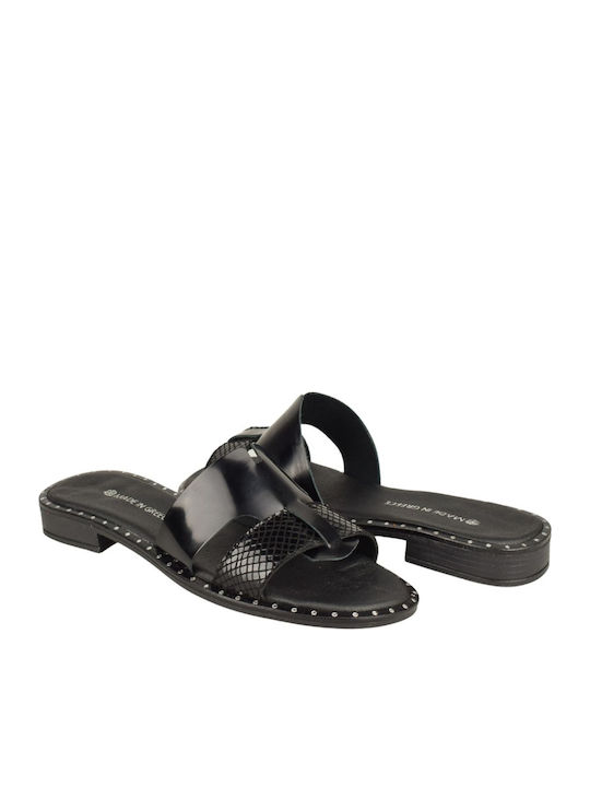 Leder Flache Sandalen für Damen Black Patent/Crocodile