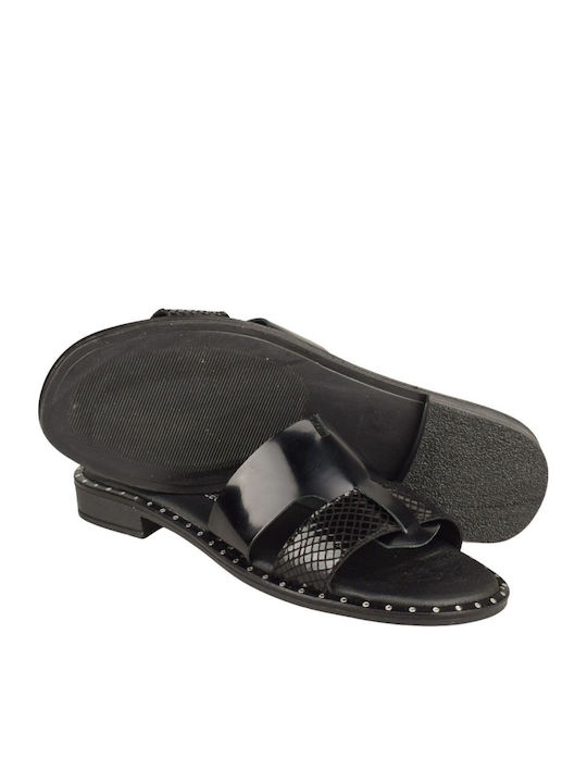 Leder Flache Sandalen für Damen Black Patent/Crocodile