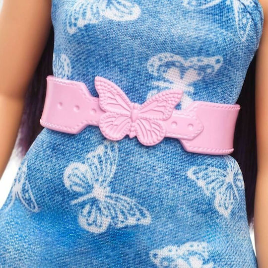 Barbie Fashionistas Doll Fashionistas Down Syndrome, Purple Hair, Butterfly Print Strapless Denim Dress, Pink Belt and Boots for 3+ years+ Years