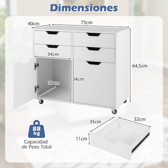 Office Drawer Made of Wood with Wheels White 73x40x64.5cm