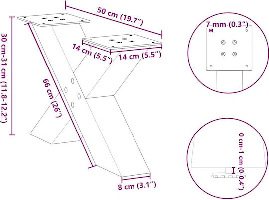 vidaXL Metallic Furniture Leg 2 Pieces Suitable for Table / Coffee Table / Office 50x30cm Brown