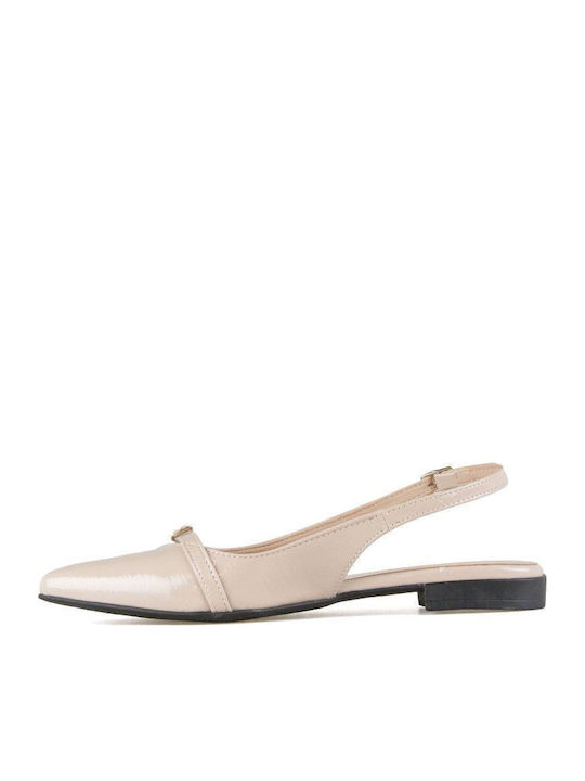 Patent Leather Pointy Slingback Ballerinas With strap Beige
