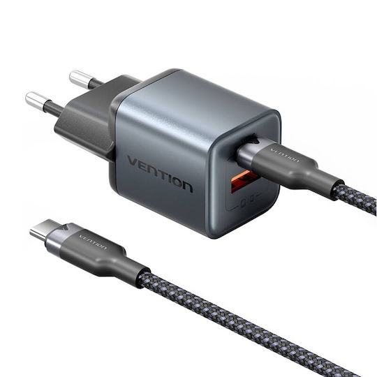 Vention GaN Charger with USB-A and USB-C Ports and USB-C - USB-C Cable 30W Power Delivery / Quick Charge 3.0 Black