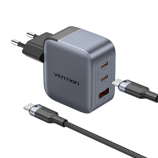 Vention Φορτιστής Χωρίς Καλώδιο GaN με Θύρα USB-A και 2 Θύρες USB-C 70W Power Delivery / Quick Charge 3.0 Γκρι (TZ-FEXH0-EU)