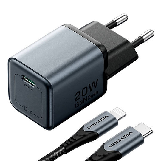 Vention Φορτιστής Χωρίς Καλώδιο GaN με Θύρα USB-C 20W Power Delivery / Quick Charge 2.0 / Quick Charge 3.0 Γκρι (TZ-FEVH0-EU)