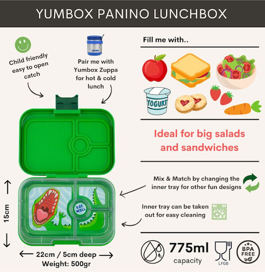 Yumbox Lunchbox Yumbox Panino 4 Compartments Jurassic Green Dinosaur