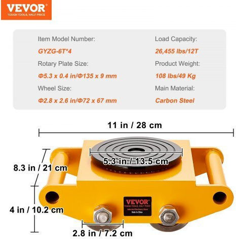 Set 4 Transportoare Dolly Capacitate 12 Tone Rotire 360 de Grade