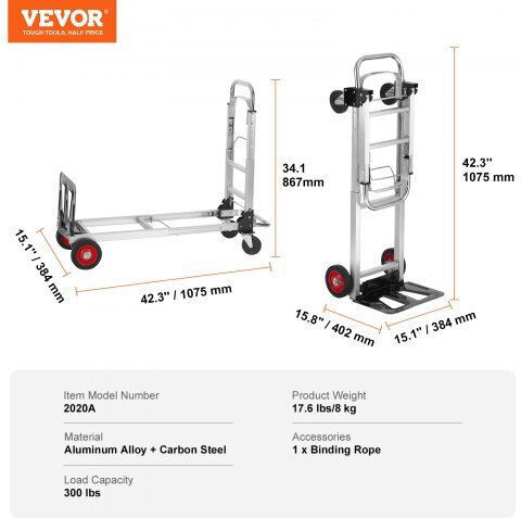 2-in-1 Cargo Trolley Maximum Capacity 181 Kg Weight 8 Kg Aluminum Foldable 384 X 1075 X 867 Mm