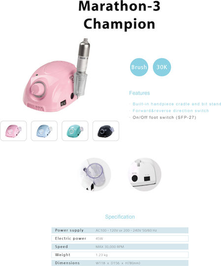 Saeyang 3 Champion Nail Drill Power 45W Pink with Pedal with 35000 Rotations per Minute