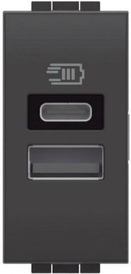 Bticino Walled Power Socket with 2 USB Ports Graphite