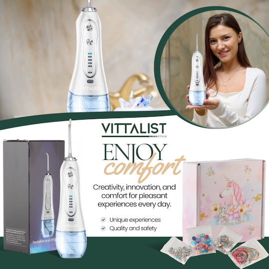 Преносим професионален орален иригатор Орален душ Vittalist 5 нива на интензивност 8 дюзи включени USB включен IPX7 водоустойчив 300 мл резервоар 1200 пулсации в минута батерия