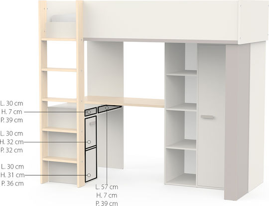 Kinderbett Hochbett Einzeln mit Stauraum & Schreibtisch Weiß für Matratze 90x200cm