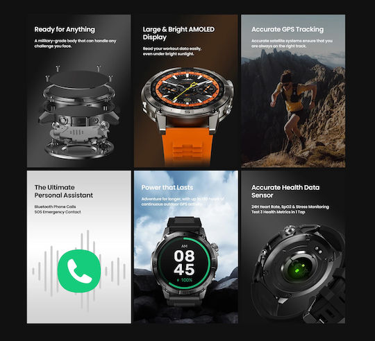 Zeblaze Stratos 2 Plus Edelstahl 48mm Smartwatch mit Pulsmesser (Schwarz)